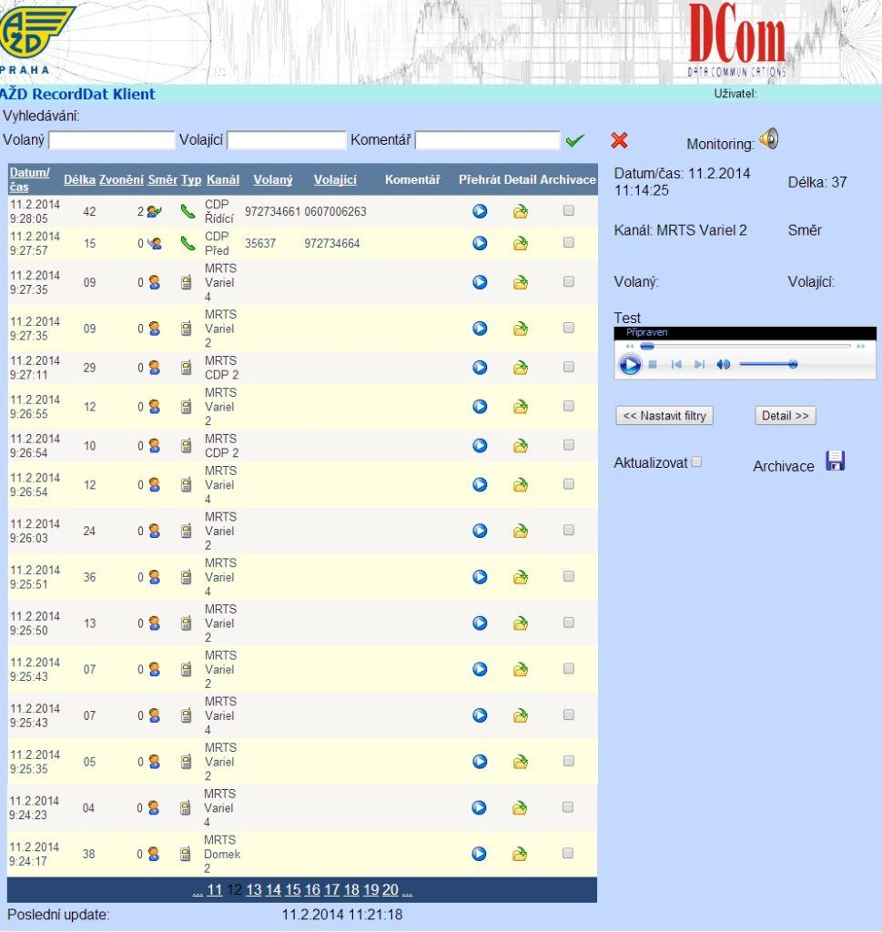 Prostředí klientské aplikace záznamového zařízení RecorDat