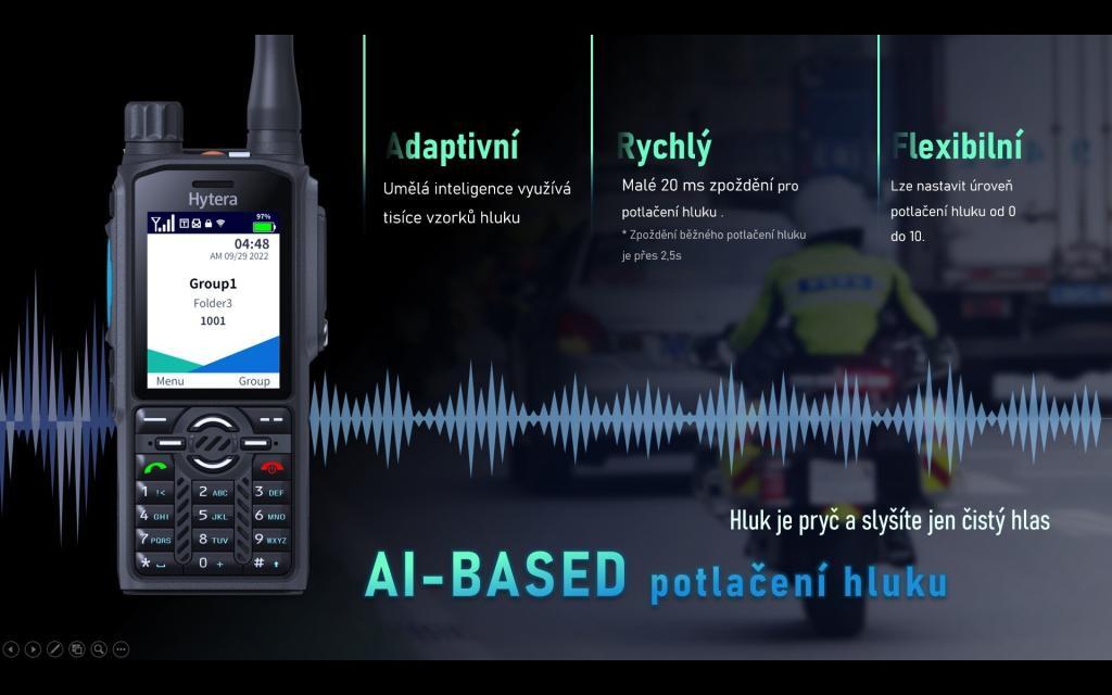 TETRA radiostanice Hytera PT590 využívá umělou inteligenci pro potlačení hluku okolí. A nabízí uživateli skvělý zvuk i v hlučném prostředí