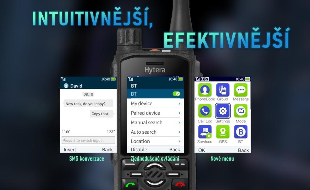 TETRA radiostanice Hytera PT590 má nové intuitivní uživatelské rozhraní s ikonami po vzoru mobilních telefonů. Cílem je co nejrychlejší přístup uživatele k důležitým funkcím.