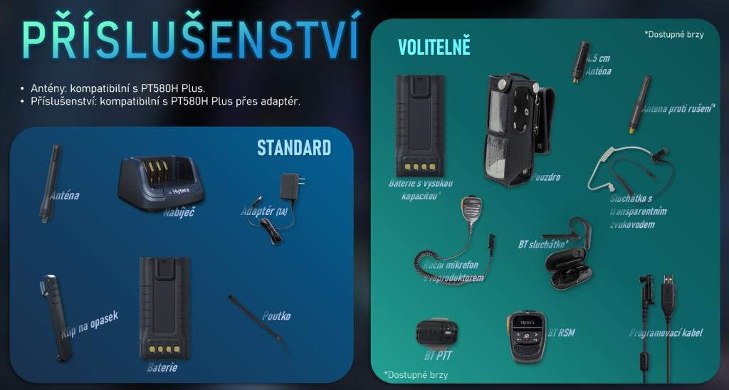 Hytera PT590 má k dispozici širokou nabídku standardního i volitelného příslušenství