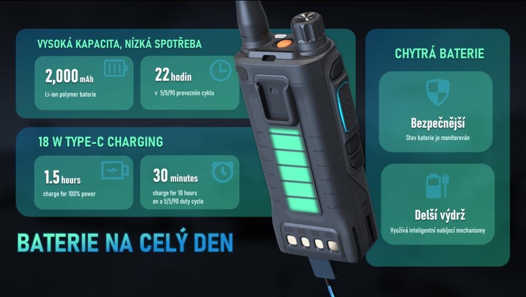 TETRA radiostanice Hytera PT590 je standardně vybavena výkonnou Li-Pol baterií s kapacitou 2000mAh. To zajistí její spolehlivý provoz pro dobu až 22 hodin.