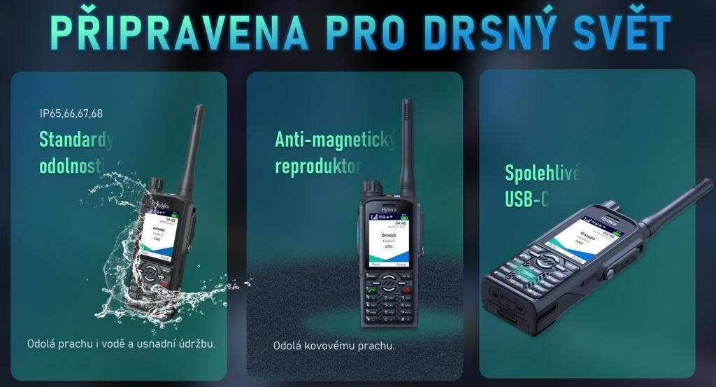 TETRA radiostanice Hytera PT590 má vysokou ochranu proti prachu a vodě dle standardu IP68 a anti magnetický reproduktor