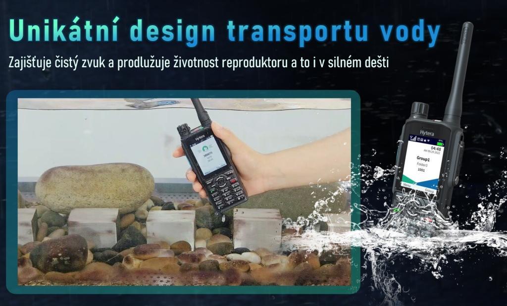Hytera PT590 má unikátní design akustické komory, která zajišťuje rychlé vytlačení vody a ochranu reproduktoru