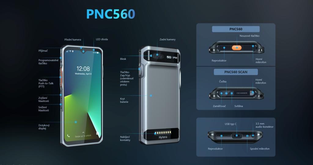 5G vysílačka Hytera PC560 se nabízích ve verzi s nouzovým tlačítkem nebo scannerem v horní části přístroje.